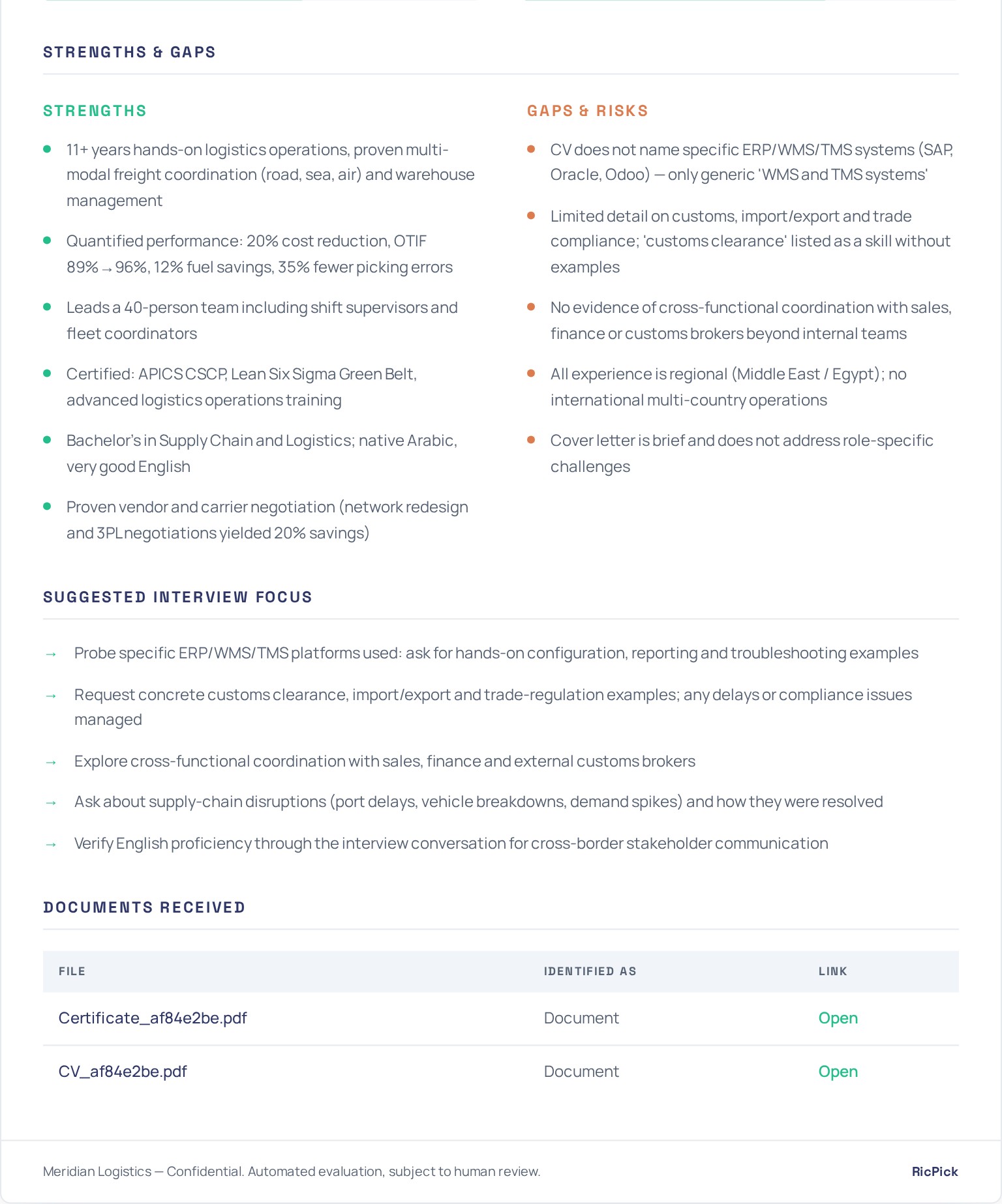 Full candidate evaluation report, page 2